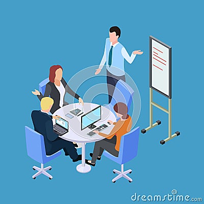 Isometric business meeting or conference with info desk vector illustration Vector Illustration