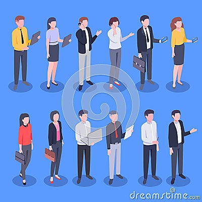 Isometric business office people. Bank employee, corporate businessman and businesswoman vector illustration set Cartoon Illustration