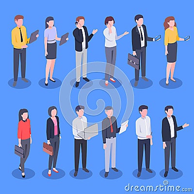 Isometric business office people. Bank employee, corporate businessman and businesswoman vector illustration set Vector Illustration