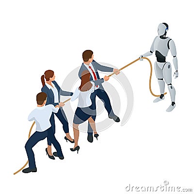 Isometric business people and robot fighting with artificial intelligence in suit pull the rope, competition, conflict Vector Illustration