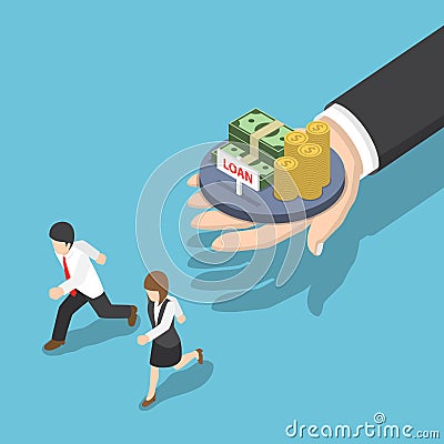 Isometric Business People Running Away from Loan Offer Vector Illustration