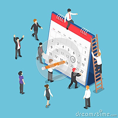 Isometric Business People Scheduling Operation on Desk Calendar Vector Illustration