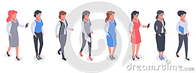 Isometric business people. Successful female office employee team, women wearing business suits, office colleagues in formal Vector Illustration