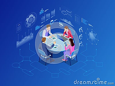 Isometric business people talking conference meeting room. Team work process. Business management teamwork meeting and Vector Illustration