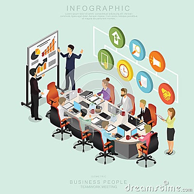 Isometric Business People Teamwork Meeting in office, share idea, infographic vector design Set L Vector Illustration