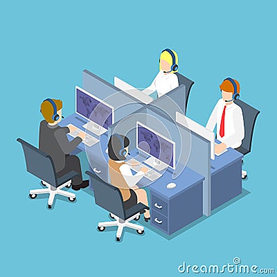 Isometric Business People Working with Headset in a Call Center Vector Illustration