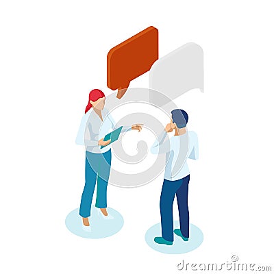 Isometric Business People Working and Speech Bubble, Brainstorming, Business Corporate Meeting concept. Vector Illustration