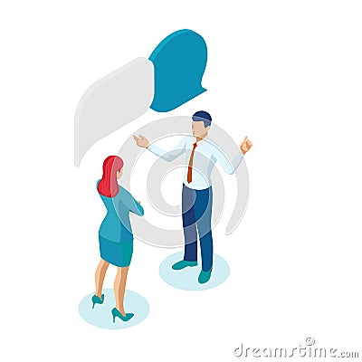 Isometric Business People Working and Speech Bubble, Brainstorming, Business Corporate Meeting concept. Vector Illustration