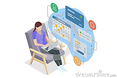 Isometric Business Project Management System. Project manager updating tasks and milestones progress planning. Strategy Vector Illustration