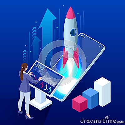 Isometric Business Start Up Concept. Startup technology concept with spaceship. Isometric design for business startup Vector Illustration