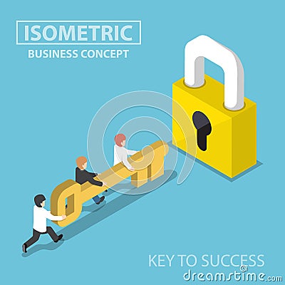 Isometric business team holding golden key to unlock the lock Vector Illustration