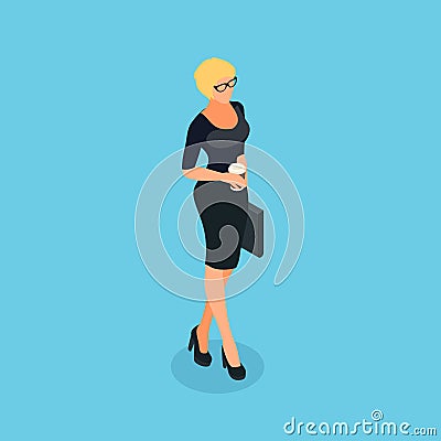 Isometric business woman isolated on blue background. Vector Illustration