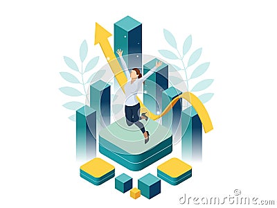 Isometric business woman success, leadership, awards, career, successful projects, goal, winning plan, leadership Vector Illustration