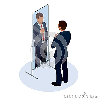 Isometric businessman adjusting tie in front of the mirror. Man checking his appearance in the mirror. Businessman Vector Illustration