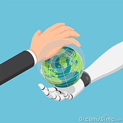 Isometric businessman and ai robot hand protecting the world together Vector Illustration