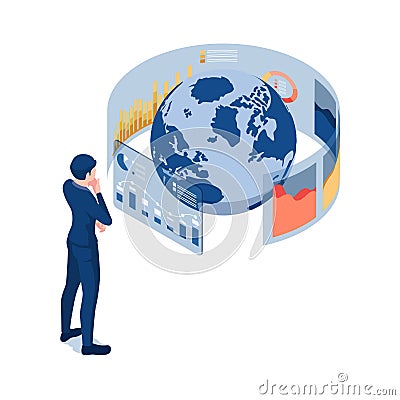 Isometric Businessman Analysis World Business Data Vector Illustration