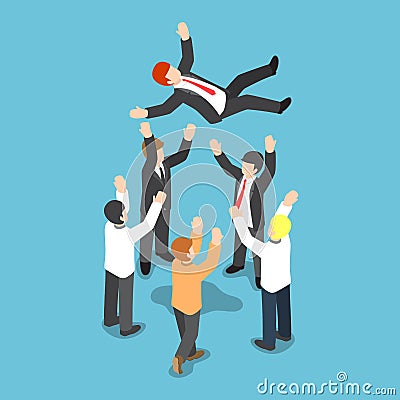 Isometric businessman being throw up in the air by his team Vector Illustration