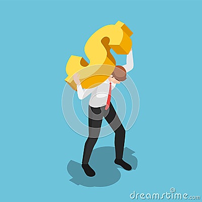 Isometric businessman carrying golden dollar sign Vector Illustration