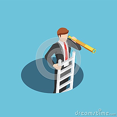 Isometric businessman climbs out of the hole by ladder and using telescope Vector Illustration