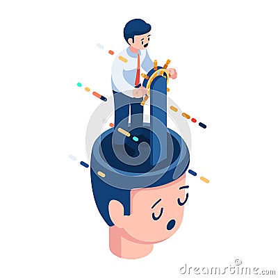 Isometric Businessman Control Ship Steering Wheel on His Head Vector Illustration