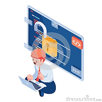 Isometric Businessman or Developer Working with Open Source Software Script Vector Illustration