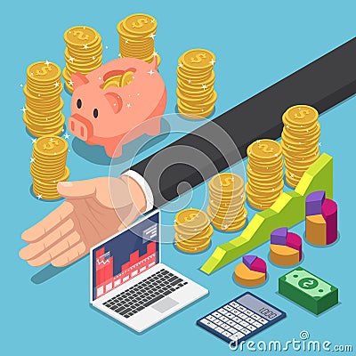 Isometric businessman divide the money for saving and investing Vector Illustration