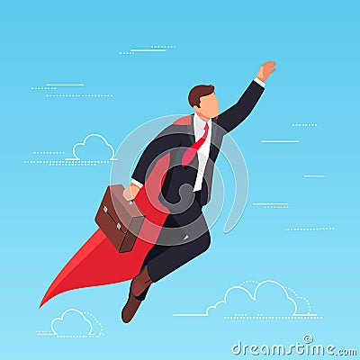 Isometric businessman flying in the sky like a superhero. Vector Illustration