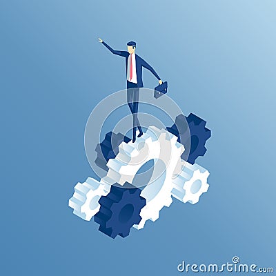 Isometric businessman and gears Vector Illustration