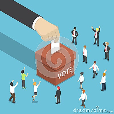 Isometric businessman hand put voting paper in the ballot box. Vector Illustration