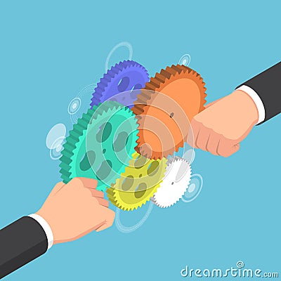 Isometric businessman hands connecting gear together. Vector Illustration