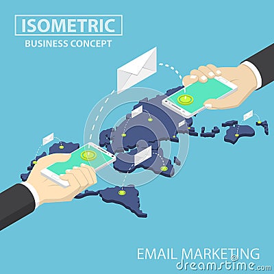 Isometric businessman hands holding smartphone sending email mes Vector Illustration