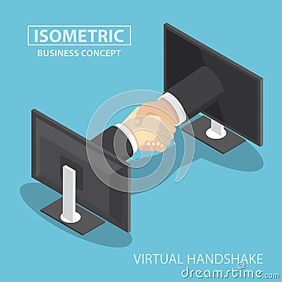 Isometric businessman hands reaching out from monitor screen to Vector Illustration