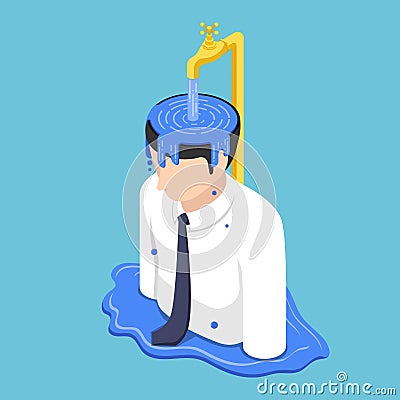 Isometric businessman head overflow by water from golden faucet Vector Illustration