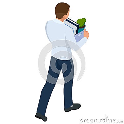 Isometric businessman isolated on write. dismissed frustrated business person holding a box with his things Vector Illustration