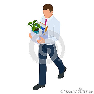 Isometric businessman isolated on write. dismissed frustrated business person holding a box with his things Vector Illustration