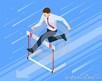 Isometric businessman jumping over obstacle. Overcome obstacles. Business competition concept. Vector Illustration