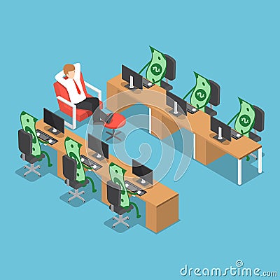 Isometric businessman let his money do the work for him Vector Illustration