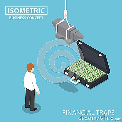 Isometric businessman looking to suitcase full of money Vector Illustration