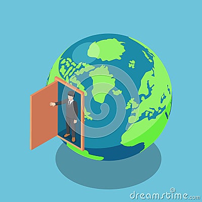 Isometric businessman open the door and come out from Vector Illustration