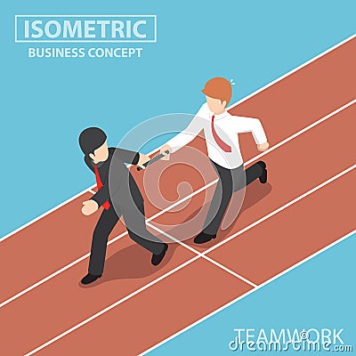 Isometric Businessman Passing Baton to His Colleague in Relay Ra Vector Illustration