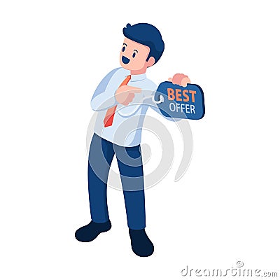 Isometric Businessman Promote Himself with Price Tag Vector Illustration