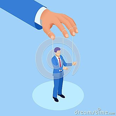 Isometric Businessman Puppet, Controlled Workers. Concept. Worker Marionette on Ropes Controlled Boss Hand. Vector Illustration