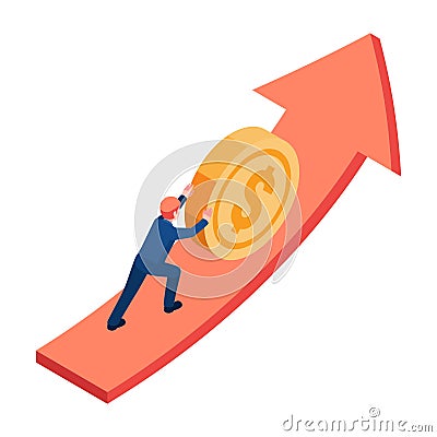 Isometric Businessman Push Coin Up on growth graph Vector Illustration