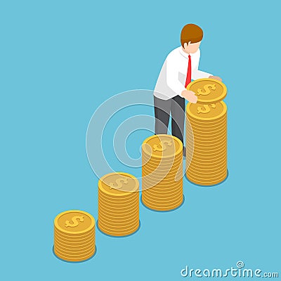 Isometric businessman put coin to growth stack of coins. Vector Illustration