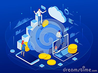 Isometric businessman putting a coin into a piggy bank. Save money concept. Manage money and finance analytics Vector Illustration