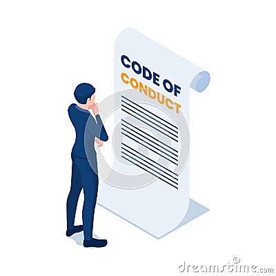 Isometric Businessman Reading Code of Conduct Document Vector Illustration