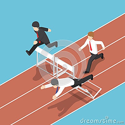 Isometric businessman running with obstacle in hurdle race. Vector Illustration