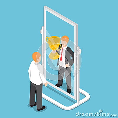 Isometric businessman see himself being successful in the mirror Vector Illustration