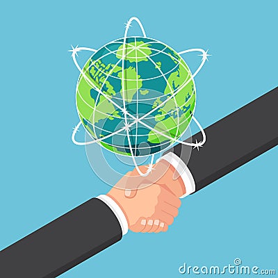 Isometric businessman shake hands with partnership under earth g Vector Illustration