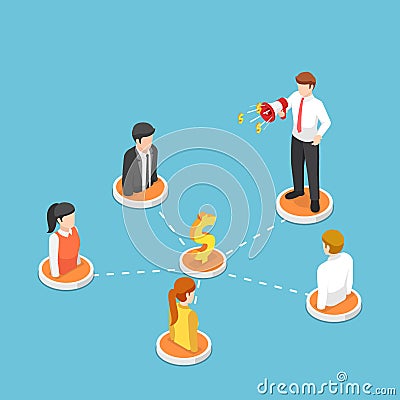 Isometric businessman shout on megaphone with people on referral marketing network Vector Illustration